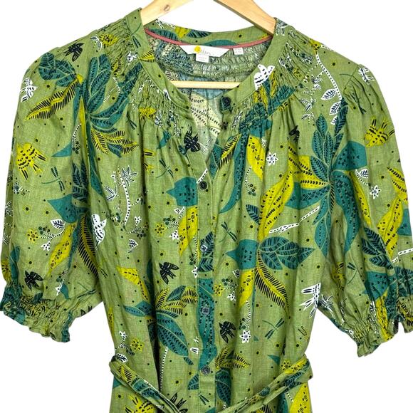Boden Size US 12L Green Print 100% Linen Ada Midi Belted Shirt Dress Pockets - Picture 3 of 11